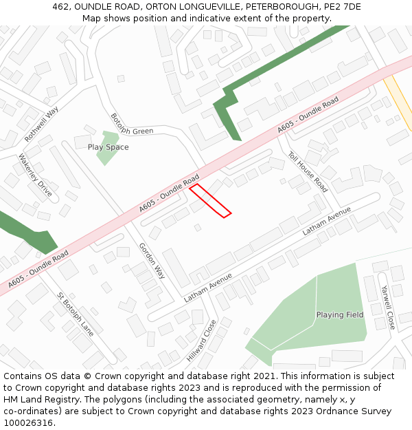 462, OUNDLE ROAD, ORTON LONGUEVILLE, PETERBOROUGH, PE2 7DE: Location map and indicative extent of plot