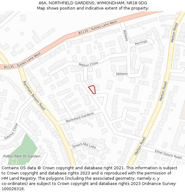 46A, NORTHFIELD GARDENS, WYMONDHAM, NR18 0DG: Location map and indicative extent of plot