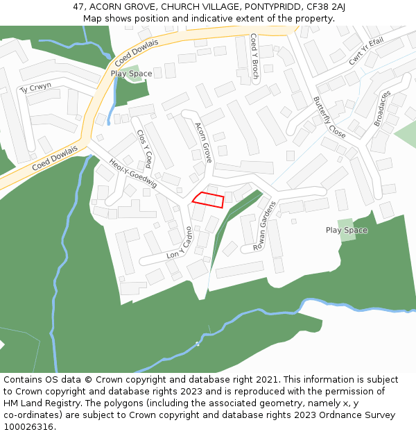 47, ACORN GROVE, CHURCH VILLAGE, PONTYPRIDD, CF38 2AJ: Location map and indicative extent of plot