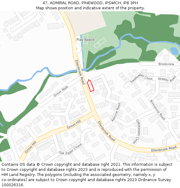 47, ADMIRAL ROAD, PINEWOOD, IPSWICH, IP8 3PH: Location map and indicative extent of plot