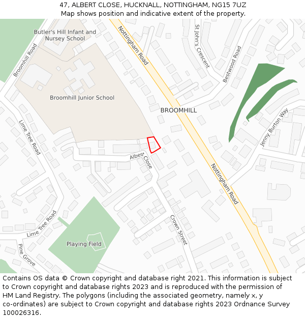 47, ALBERT CLOSE, HUCKNALL, NOTTINGHAM, NG15 7UZ: Location map and indicative extent of plot