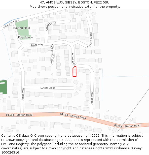 47, AMOS WAY, SIBSEY, BOSTON, PE22 0SU: Location map and indicative extent of plot