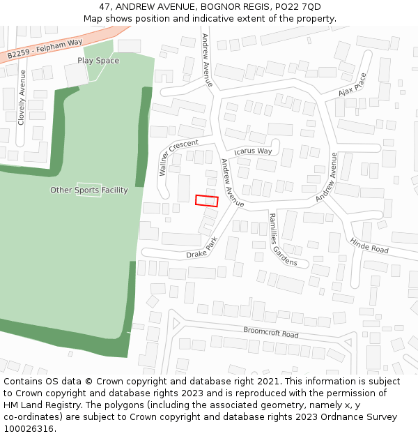 47, ANDREW AVENUE, BOGNOR REGIS, PO22 7QD: Location map and indicative extent of plot