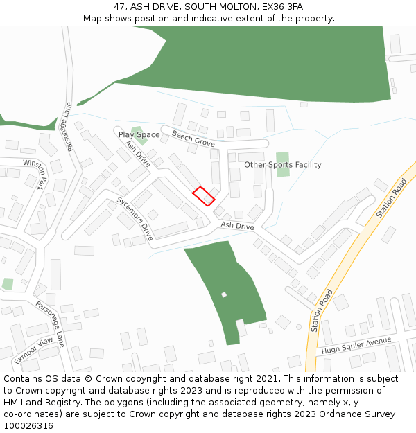 47, ASH DRIVE, SOUTH MOLTON, EX36 3FA: Location map and indicative extent of plot