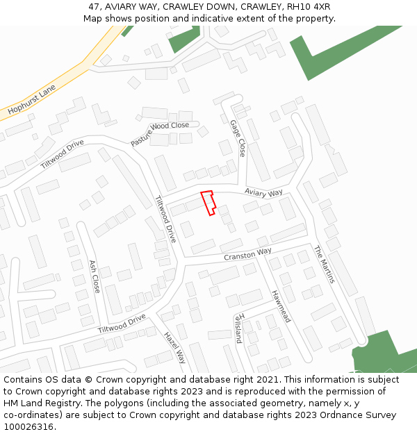 47, AVIARY WAY, CRAWLEY DOWN, CRAWLEY, RH10 4XR: Location map and indicative extent of plot