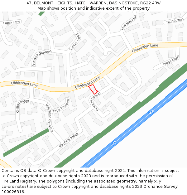 47, BELMONT HEIGHTS, HATCH WARREN, BASINGSTOKE, RG22 4RW: Location map and indicative extent of plot