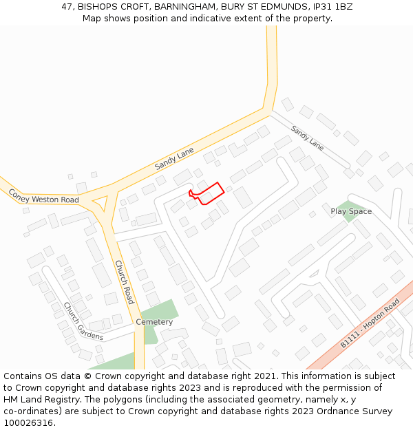 47, BISHOPS CROFT, BARNINGHAM, BURY ST EDMUNDS, IP31 1BZ: Location map and indicative extent of plot