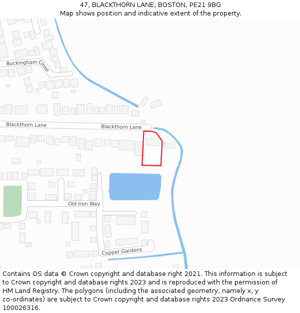 47, BLACKTHORN LANE, BOSTON, PE21 9BG: Location map and indicative extent of plot