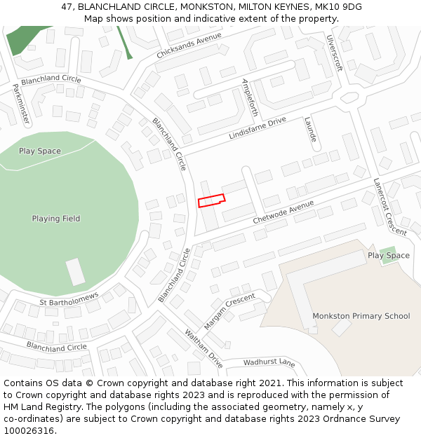 47, BLANCHLAND CIRCLE, MONKSTON, MILTON KEYNES, MK10 9DG: Location map and indicative extent of plot