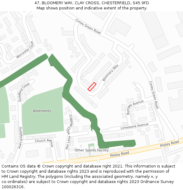 47, BLOOMERY WAY, CLAY CROSS, CHESTERFIELD, S45 9FD: Location map and indicative extent of plot