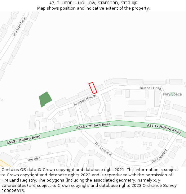 47, BLUEBELL HOLLOW, STAFFORD, ST17 0JP: Location map and indicative extent of plot