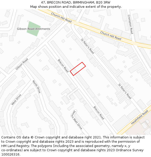 47, BRECON ROAD, BIRMINGHAM, B20 3RW: Location map and indicative extent of plot