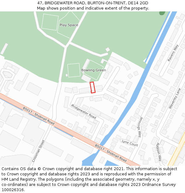 47, BRIDGEWATER ROAD, BURTON-ON-TRENT, DE14 2GD: Location map and indicative extent of plot