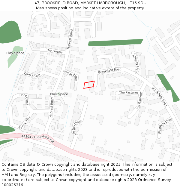 47, BROOKFIELD ROAD, MARKET HARBOROUGH, LE16 9DU: Location map and indicative extent of plot