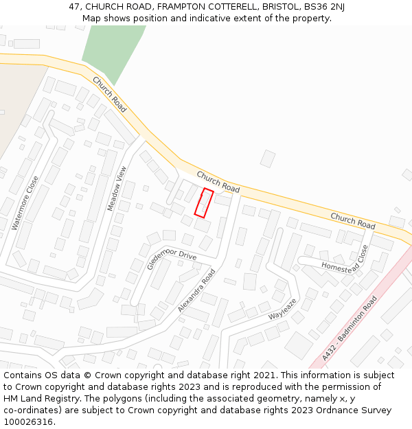47, CHURCH ROAD, FRAMPTON COTTERELL, BRISTOL, BS36 2NJ: Location map and indicative extent of plot