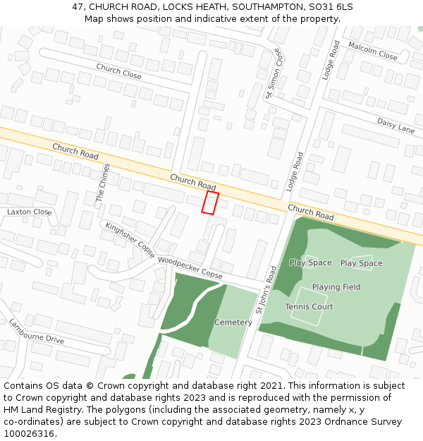 47, CHURCH ROAD, LOCKS HEATH, SOUTHAMPTON, SO31 6LS: Location map and indicative extent of plot