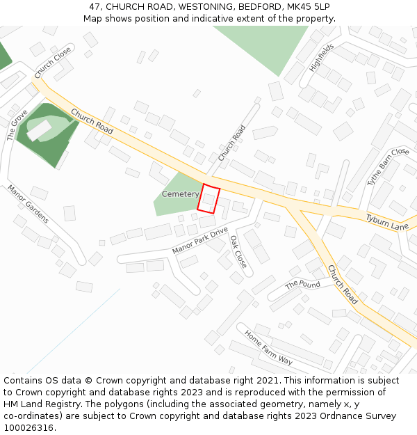 47, CHURCH ROAD, WESTONING, BEDFORD, MK45 5LP: Location map and indicative extent of plot
