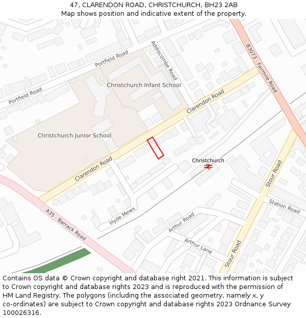 47, CLARENDON ROAD, CHRISTCHURCH, BH23 2AB: Location map and indicative extent of plot