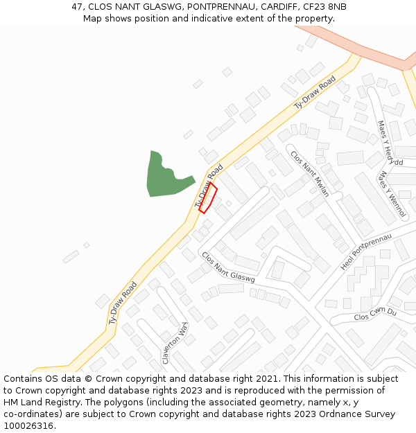 47, CLOS NANT GLASWG, PONTPRENNAU, CARDIFF, CF23 8NB: Location map and indicative extent of plot
