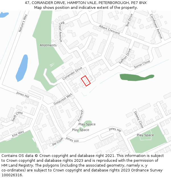 47, CORIANDER DRIVE, HAMPTON VALE, PETERBOROUGH, PE7 8NX: Location map and indicative extent of plot