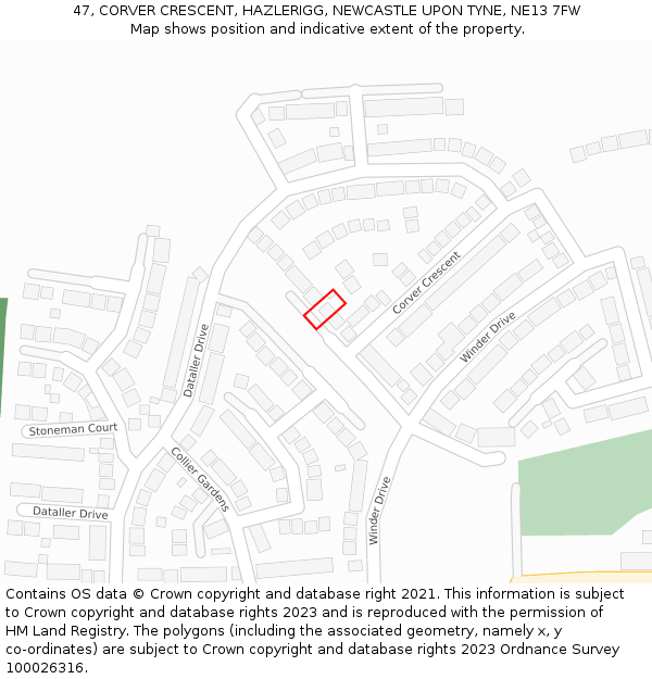 47, CORVER CRESCENT, HAZLERIGG, NEWCASTLE UPON TYNE, NE13 7FW: Location map and indicative extent of plot