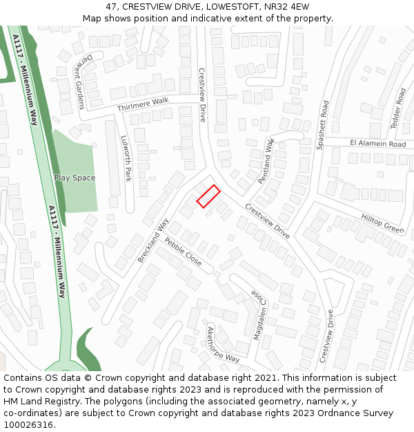47, CRESTVIEW DRIVE, LOWESTOFT, NR32 4EW: Location map and indicative extent of plot