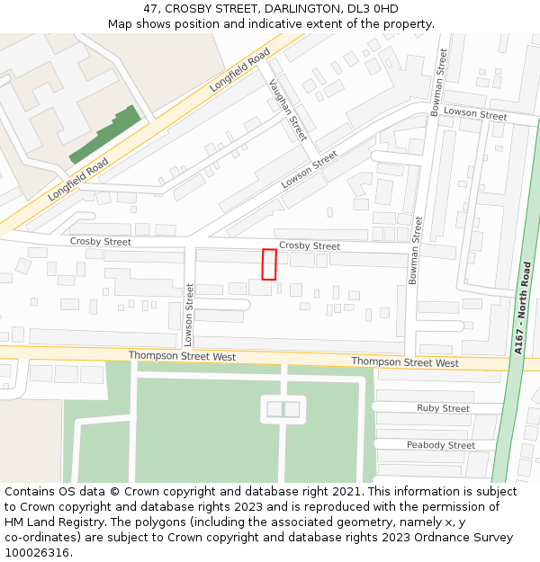 47, CROSBY STREET, DARLINGTON, DL3 0HD: Location map and indicative extent of plot
