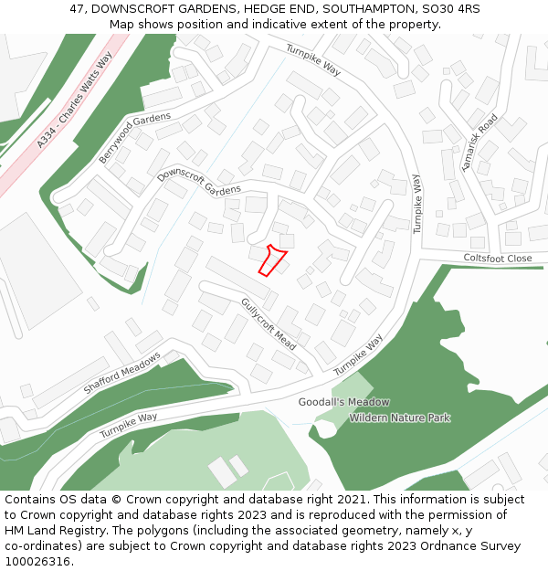 47, DOWNSCROFT GARDENS, HEDGE END, SOUTHAMPTON, SO30 4RS: Location map and indicative extent of plot