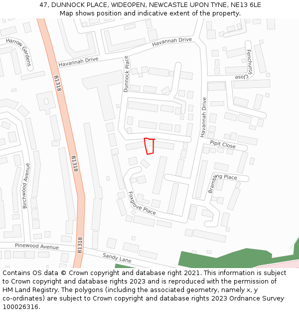 47, DUNNOCK PLACE, WIDEOPEN, NEWCASTLE UPON TYNE, NE13 6LE: Location map and indicative extent of plot