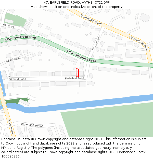 47, EARLSFIELD ROAD, HYTHE, CT21 5PF: Location map and indicative extent of plot
