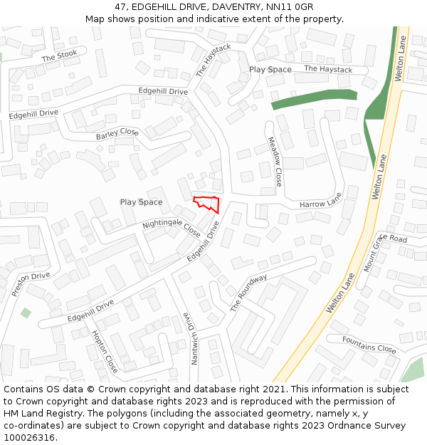 47, EDGEHILL DRIVE, DAVENTRY, NN11 0GR: Location map and indicative extent of plot