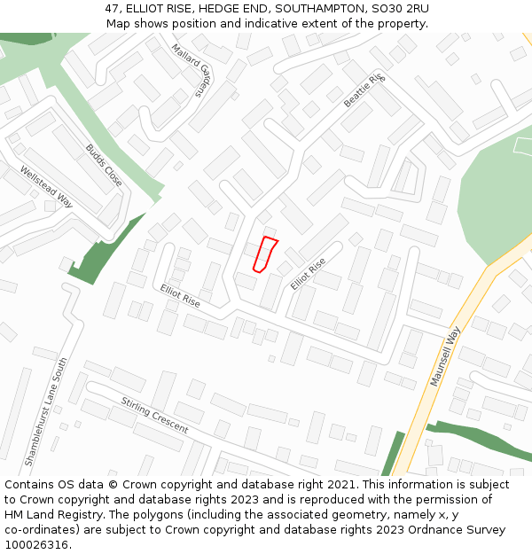 47, ELLIOT RISE, HEDGE END, SOUTHAMPTON, SO30 2RU: Location map and indicative extent of plot