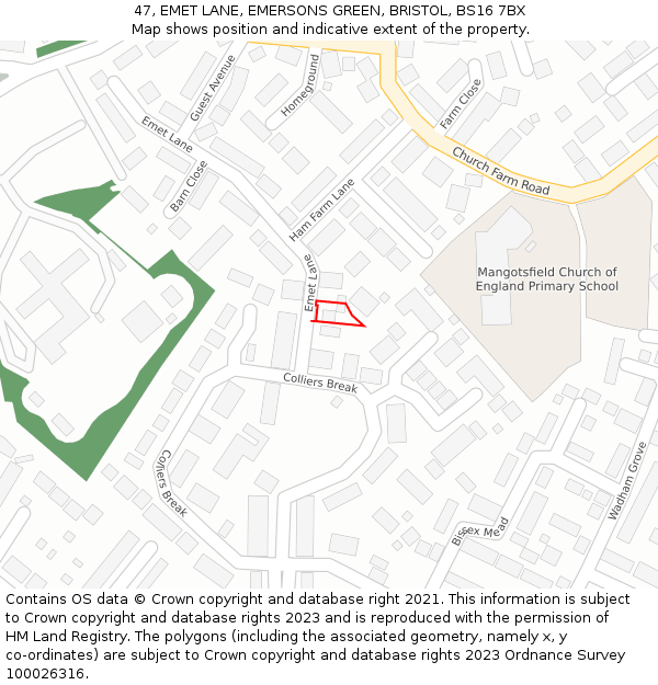 47, EMET LANE, EMERSONS GREEN, BRISTOL, BS16 7BX: Location map and indicative extent of plot