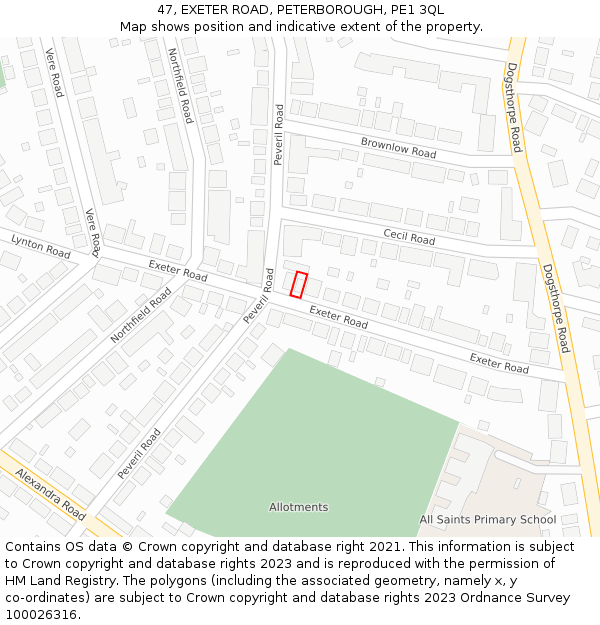 47, EXETER ROAD, PETERBOROUGH, PE1 3QL: Location map and indicative extent of plot