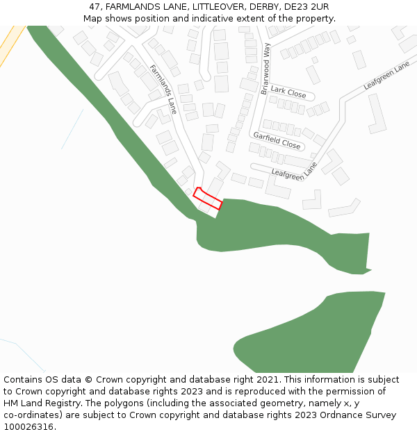 47, FARMLANDS LANE, LITTLEOVER, DERBY, DE23 2UR: Location map and indicative extent of plot