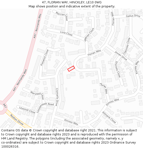 47, FLORIAN WAY, HINCKLEY, LE10 0WG: Location map and indicative extent of plot