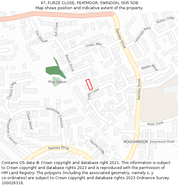 47, FURZE CLOSE, PEATMOOR, SWINDON, SN5 5DB: Location map and indicative extent of plot