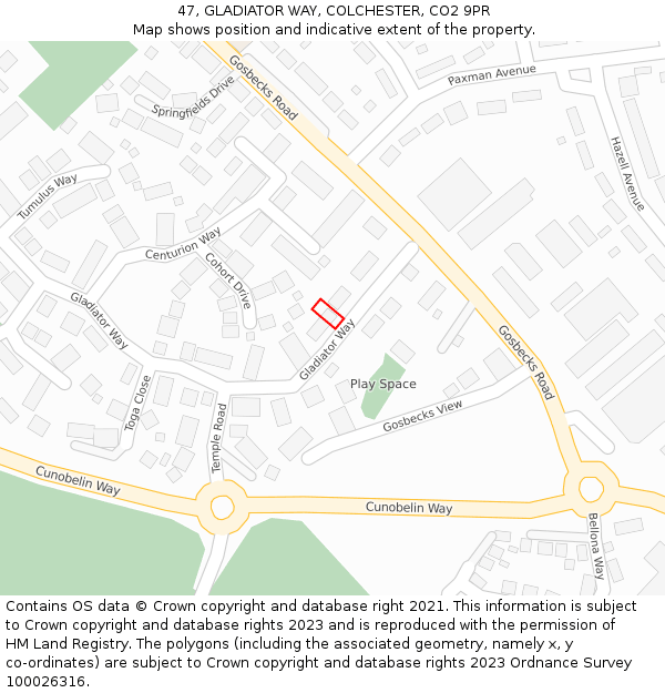 47, GLADIATOR WAY, COLCHESTER, CO2 9PR: Location map and indicative extent of plot