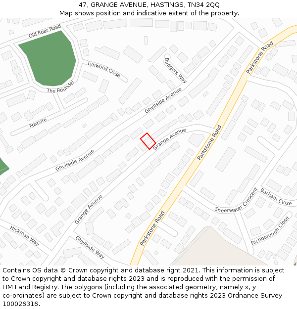 47, GRANGE AVENUE, HASTINGS, TN34 2QQ: Location map and indicative extent of plot