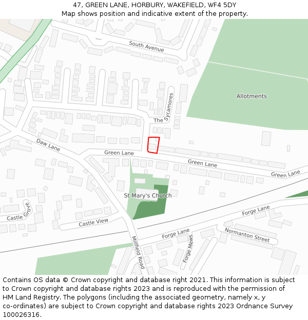 47, GREEN LANE, HORBURY, WAKEFIELD, WF4 5DY: Location map and indicative extent of plot