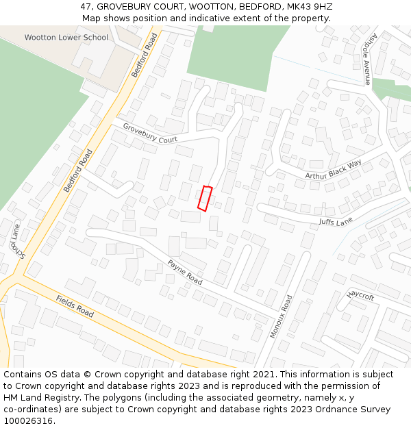 47, GROVEBURY COURT, WOOTTON, BEDFORD, MK43 9HZ: Location map and indicative extent of plot