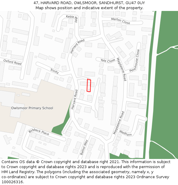 47, HARVARD ROAD, OWLSMOOR, SANDHURST, GU47 0UY: Location map and indicative extent of plot