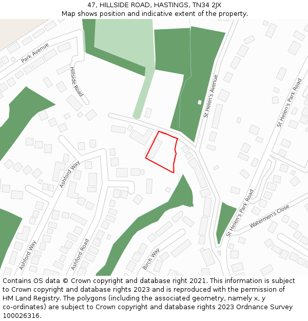 47, HILLSIDE ROAD, HASTINGS, TN34 2JX: Location map and indicative extent of plot
