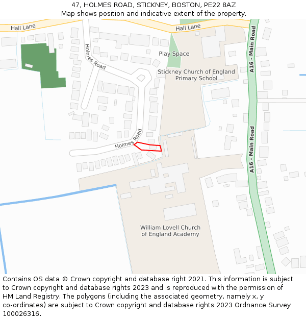 47, HOLMES ROAD, STICKNEY, BOSTON, PE22 8AZ: Location map and indicative extent of plot