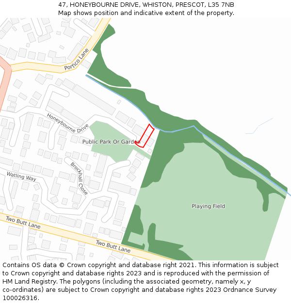 47, HONEYBOURNE DRIVE, WHISTON, PRESCOT, L35 7NB: Location map and indicative extent of plot