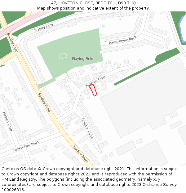 47, HOVETON CLOSE, REDDITCH, B98 7HQ: Location map and indicative extent of plot