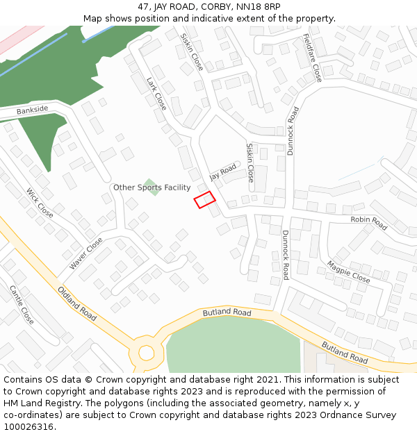 47, JAY ROAD, CORBY, NN18 8RP: Location map and indicative extent of plot