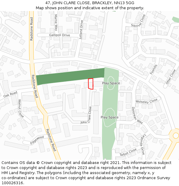 47, JOHN CLARE CLOSE, BRACKLEY, NN13 5GG: Location map and indicative extent of plot