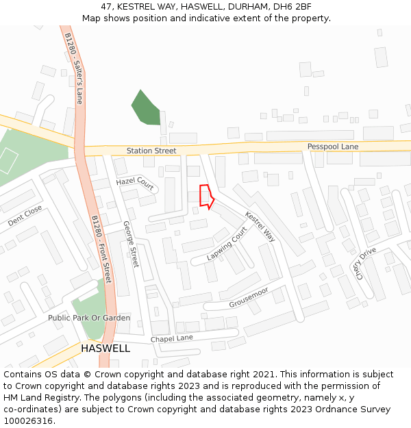 47, KESTREL WAY, HASWELL, DURHAM, DH6 2BF: Location map and indicative extent of plot