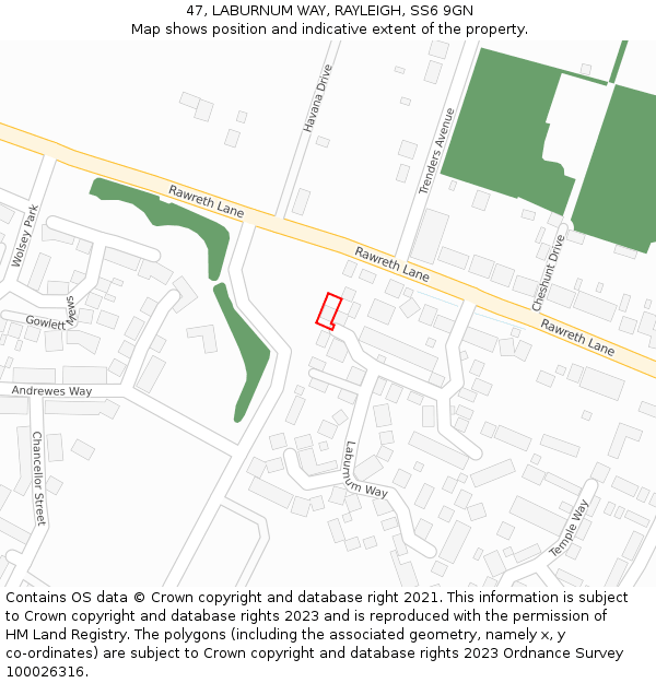 47, LABURNUM WAY, RAYLEIGH, SS6 9GN: Location map and indicative extent of plot